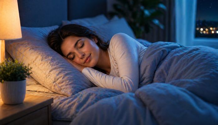 Woman sleeping peacefully in a cozy bedroom with soft lighting at night