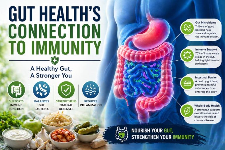 Gut health’s connection to immunity infographic showing digestive system, gut microbiome, and immune support benefits