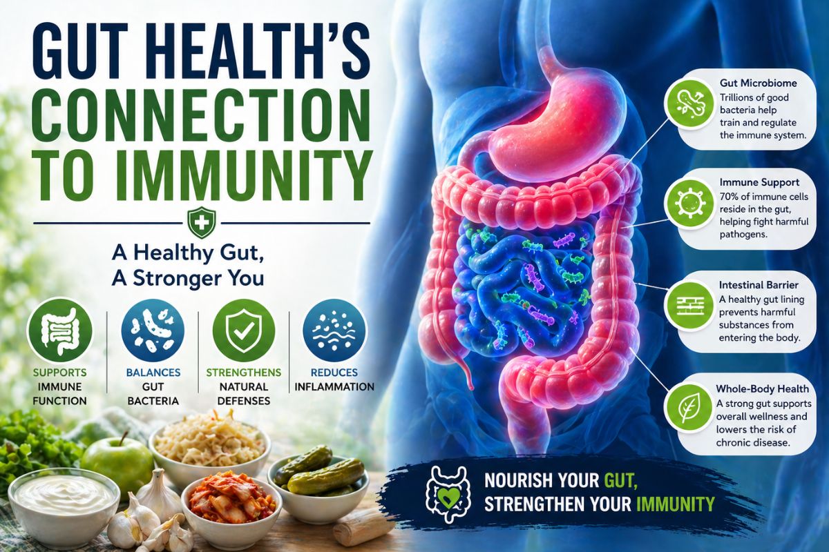 Gut health’s connection to immunity infographic showing digestive system, gut microbiome, and immune support benefits