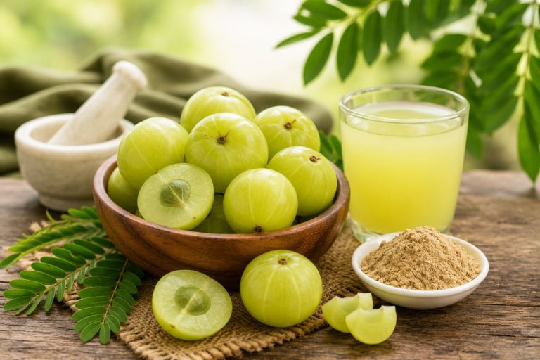 Fresh amla fruits with amla juice and powder on a rustic wooden table