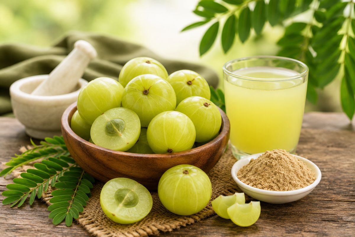 Fresh amla fruits with amla juice and powder on a rustic wooden table