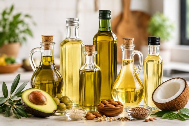 Healthy cooking oils with avocado, olives, coconut, and seeds arranged on a modern kitchen counter