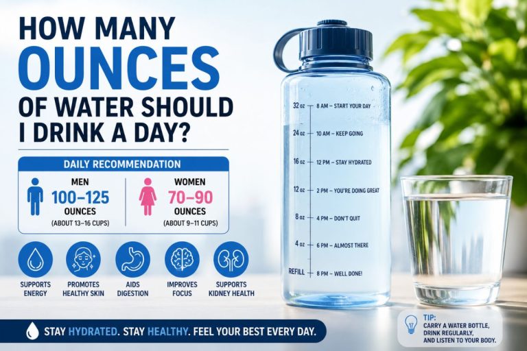 Infographic showing how many ounces of water to drink daily with water bottle and hydration tips